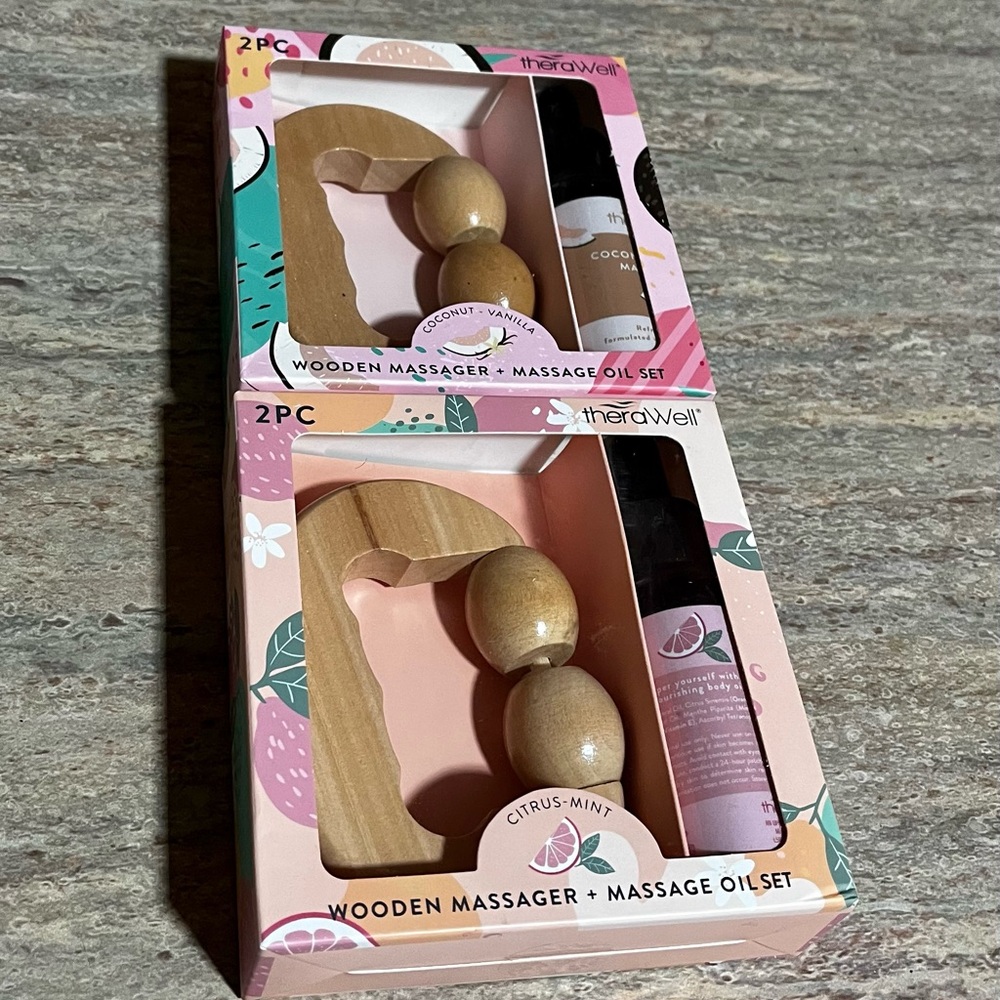 NWT TheraWell Wooden Massager & Massage Oil Set - Coconut Vanilla a& Citrus Mint